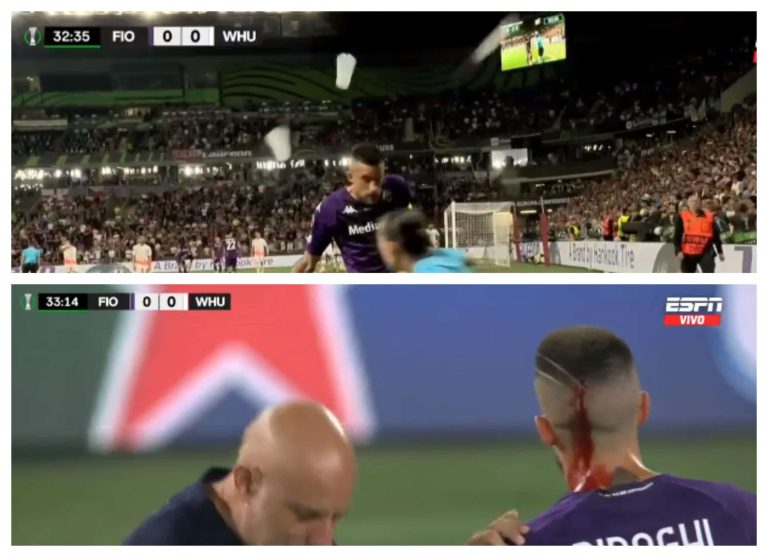 (VIDEO) VERGÜENZA: Le tiraron un vaso y sufrió un corte en la cabeza en la final de la Conference League